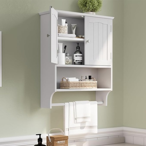 [BMC-WHT-HAE-ZAM] Bathroom Wall Mounted Cabinet Double Floor Vanity Storage Cupboard with Towel Rod